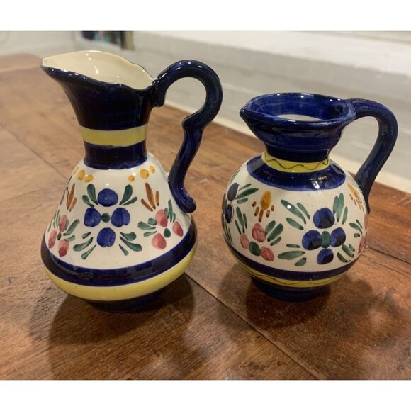 Vtg Cora Handpainted Ceramic Creamer & Sugar Bowl Set Blue & Yellow Floral - Picture 3 of 6